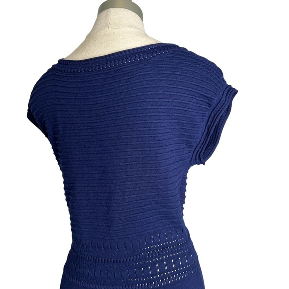 Venus Navy Blue Short Sleeve Cocktail Fringe Sweater Knit Dress Size Medium - Picture 8 of 13